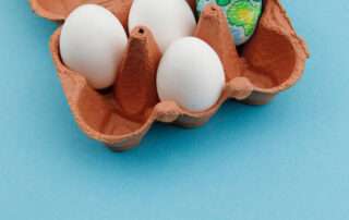Ein aufgeklappter Eierkarton, in dem drei weiße Eier und ein blau-grün-gelb bemaltes Ei mit Sonnenhut platziert sind.