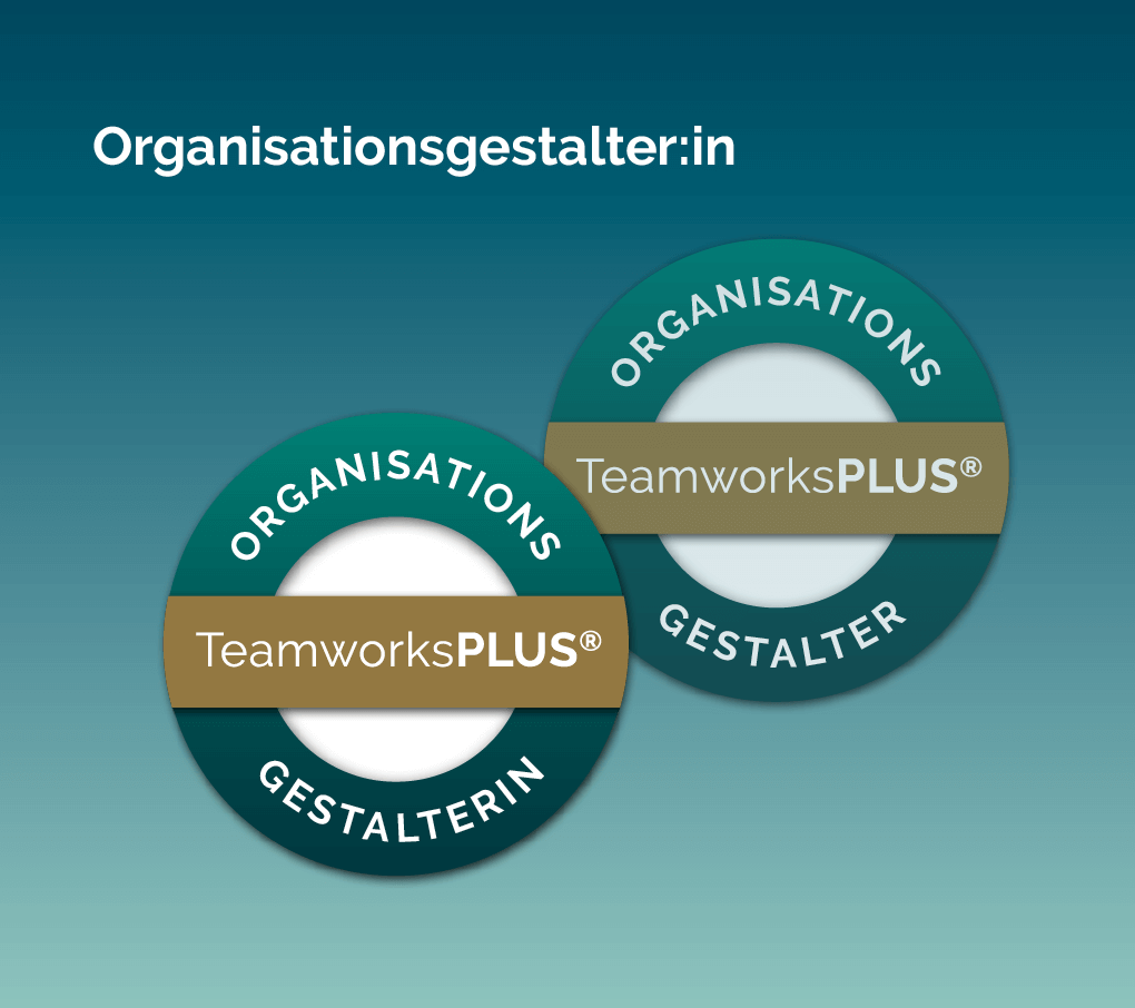 Die Siegel "Organisationsgestalter*in TeamworksPLUS®" auf blauem Hintergrund.